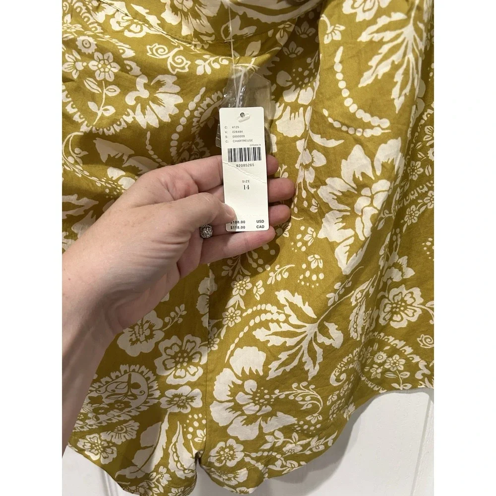 Anthropologie Maeve Pleated Poplin Floral Shorts in Chartreuse Mustard Yellow - Picture 7 of 9